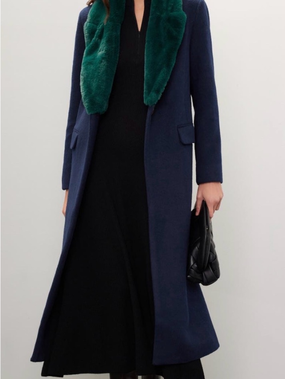 Marina Moscone Navy Coat with Green Faux-Fur Collar
